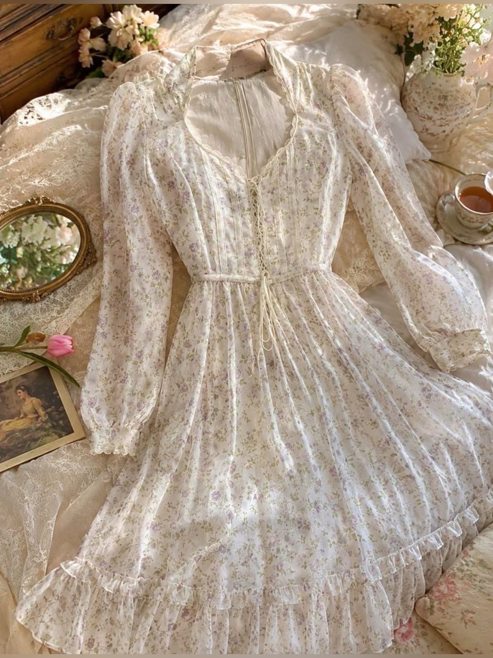 Vintage gunne sax Floral Lace-Up
